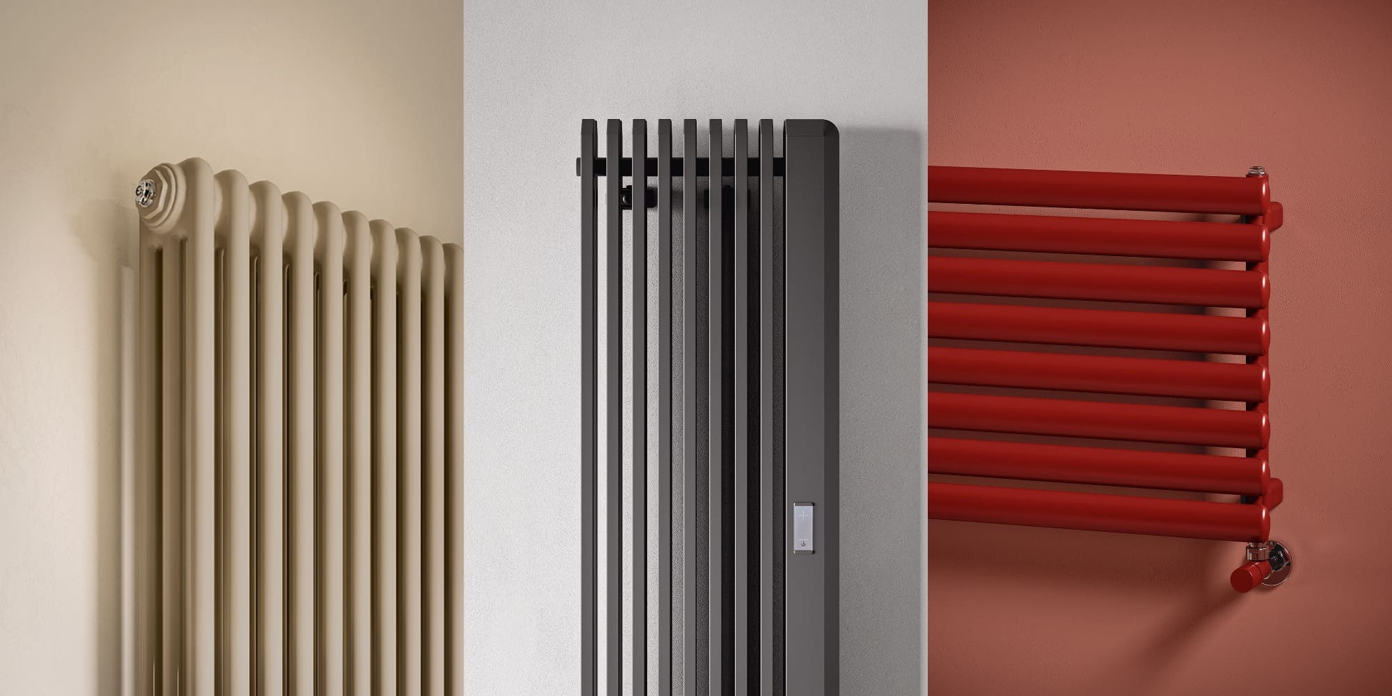 Три варіанти дизайнерських радіаторів опалення у бежевому, чорному та червоному кольорі. Високі вертикальні радіатори та трубчасті горизонтальні, прикріпленні до стіни у потрібній кімнаті та обігрівають якнайкраще приміщення