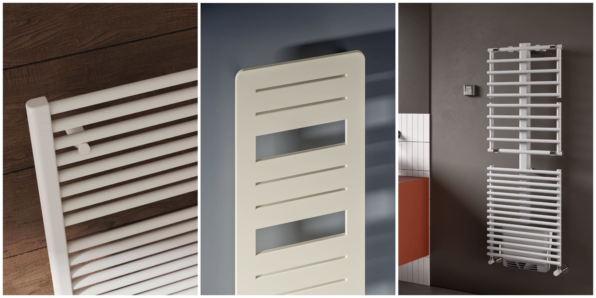 Вертикальные полотенцесушители Irsap в белом цвете, первое - с горизонтальными круглыми трубками, второе нестандартное плоское полотенцесушитель, третье - водяная сушка с возможностью поменять ориентацию труб в вертикальное положение делая полочки для сушки