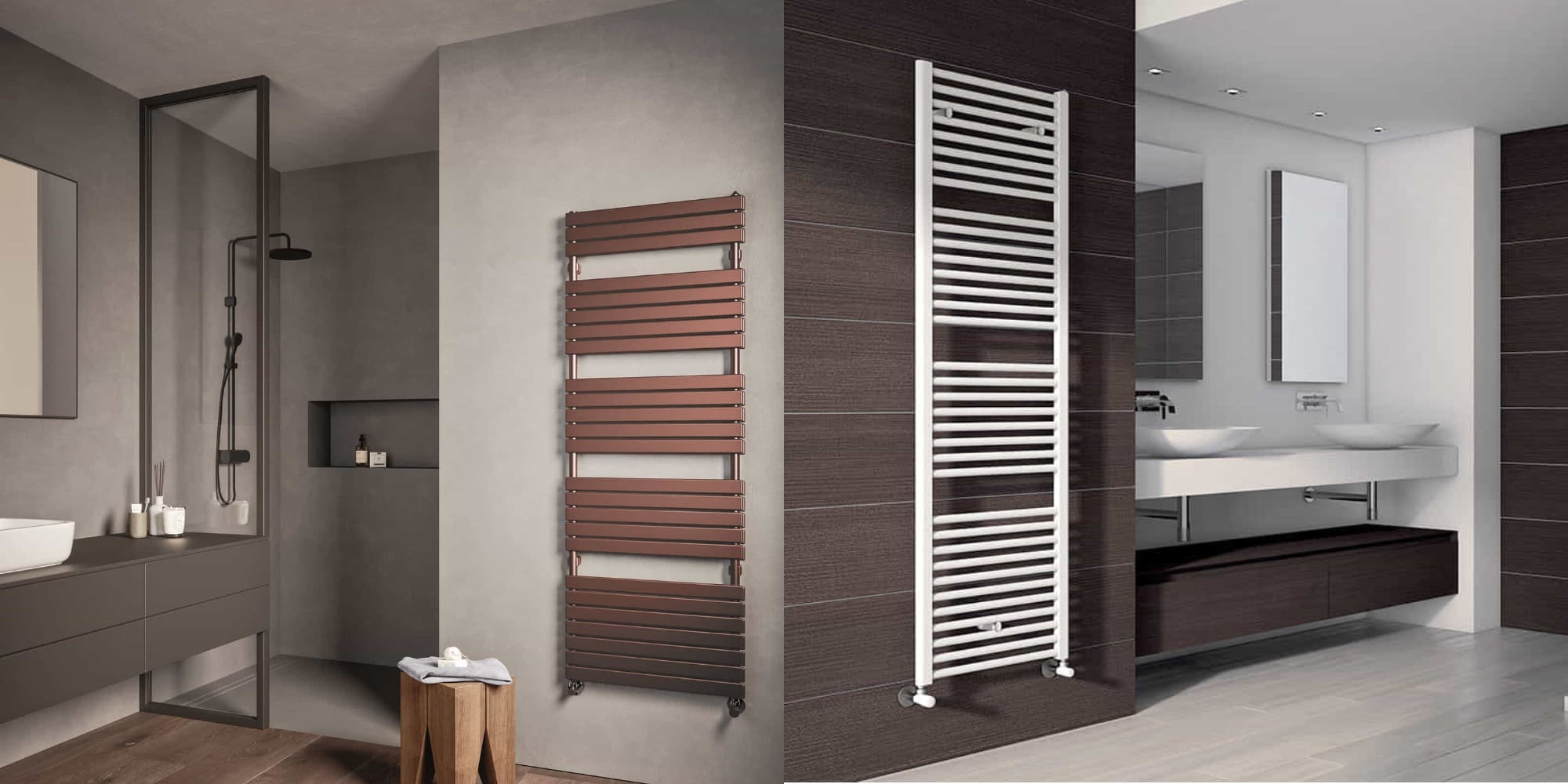 Стальное полотенцесушитель с прямоугольными трубчатыми элементами рядом с душевой кабиной в цвет интерьера. Вторая - белое полотенцесушитель в темной ванной комнате, сушка высокая с круглыми трубами и термо-краном
