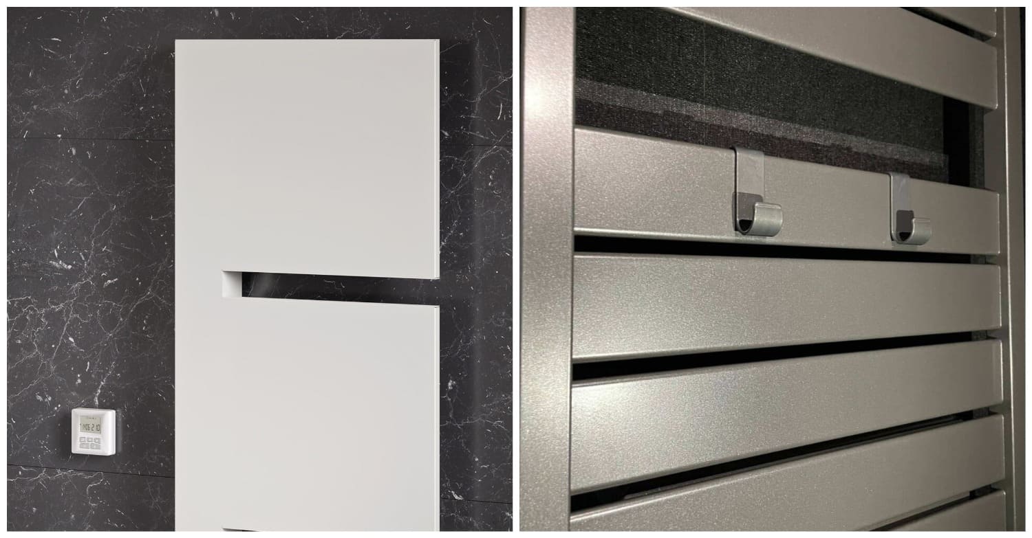 Электрические дизайнерские полотенцесушители. Первое полотенцесушитель плоской панельной конструкции белого цвета, нестандартная форма. Второй полотенцесушитель в сером цвете с крючками, что дает возможность не только сушить, но служить как держатели