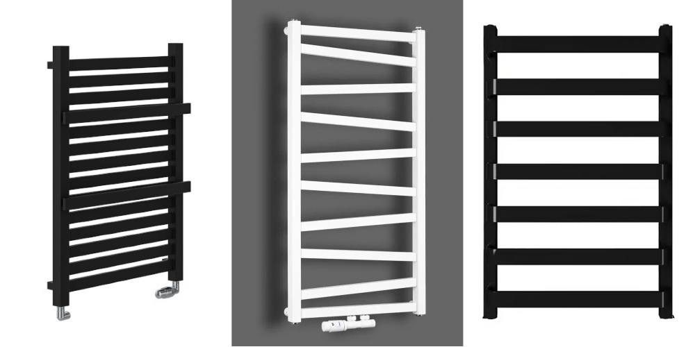 Полотенцесушители п-формы в белом и черном цвете. Полотенцесушители с держателями, с асимметричными перекладинами и горизонтальными штангами. Можно подсоединить термоголовку. Дизайнерские полотенцесушители дополняют ванную кинату и хорошо греют белье