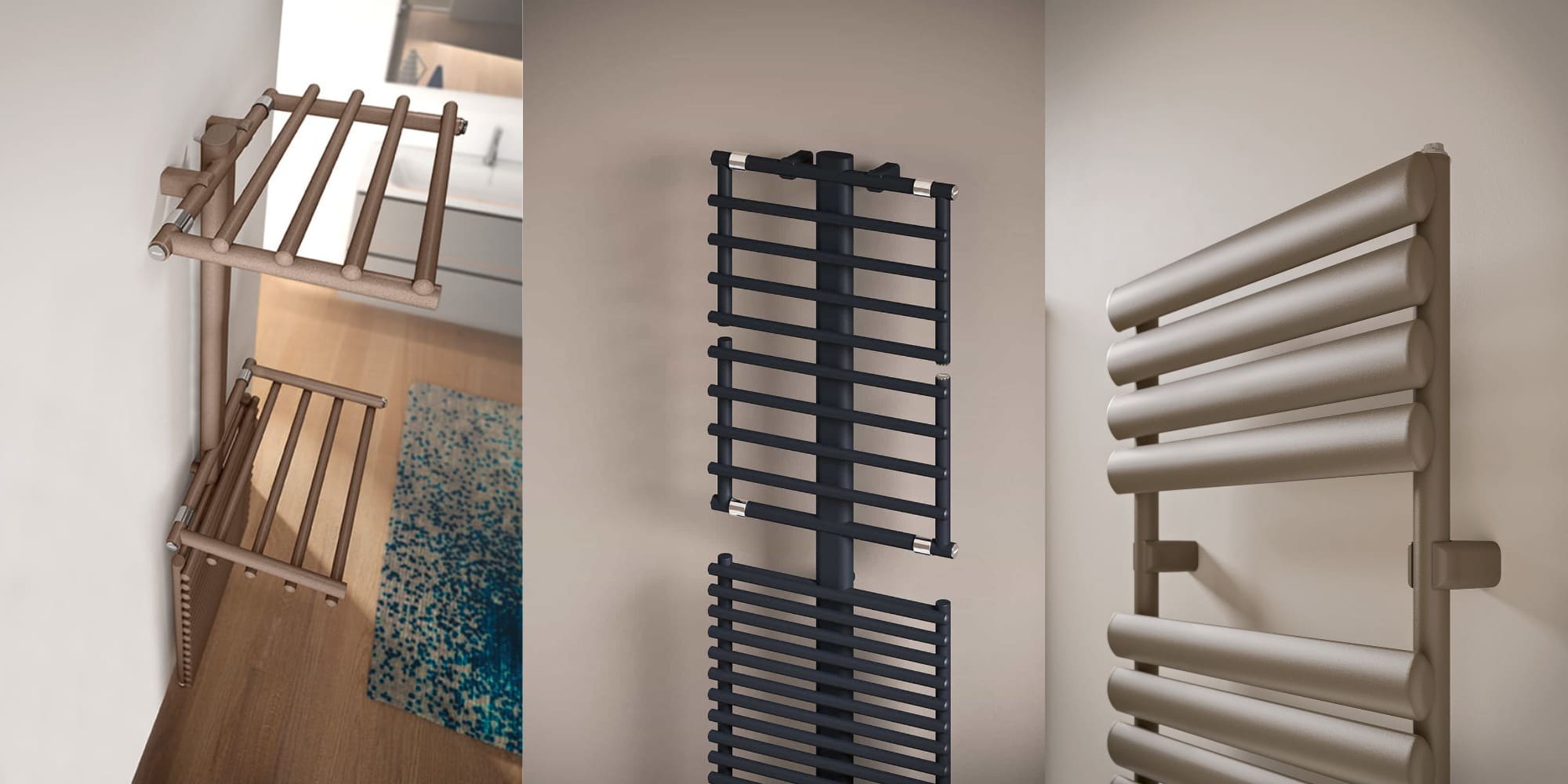 Водяные полотенцесушители ИРСАП могут растягивать и сушить полотенца, трубы находятся в горизонтальном и вертикальном положении, представлены в бежевом и черном цветах, следующая стальная сушка с эллиптическими трубками бронзового цвета