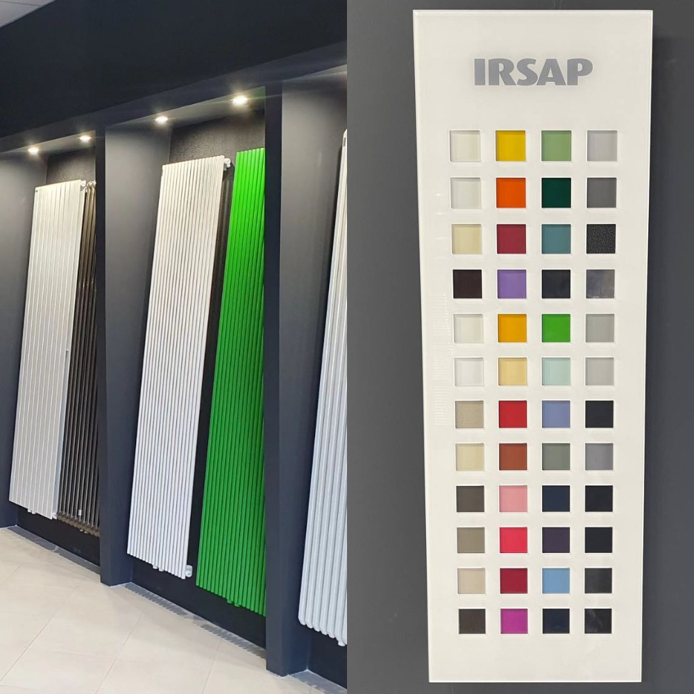 Вертикальные радиаторы от фирмы Ирсап в разном цветовом решении, а именно: белые, черные и зеленые радиаторы. Наша компания может покрасить радиатор в любой цвет, который вам нужен, цветовая гамма от фирмы Ирсап очень велика и насчитывает 48 цветов